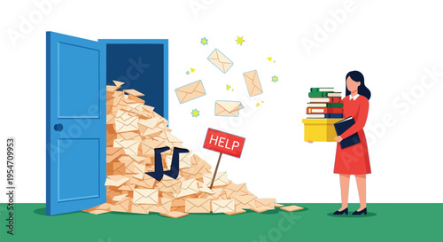 Professional woman overwhelmed by a massive avalanche of mail and documents bursting from an open office door.