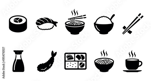 A collection of black silhouette icons representing various Japanese foods including sushi, ramen, rice, tempura, and bento, perfect for culinary themes.