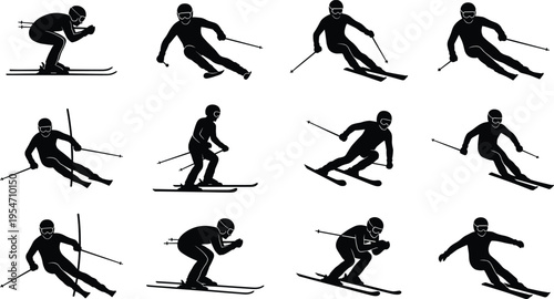 Flat vector illustration of skier silhouettes in dynamic skiing positions, winter sports stances, downhill movement, helmet safety, ski technique