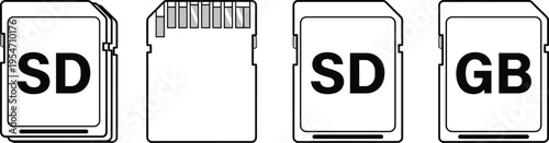 Flat vector illustration of SD memory cards collection with front and back views, storage device icons, digital technology, data storage, electronics