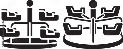 Carousel icons, black and white vector illustrations for amusement park, playground, childhood fun, or fairground rides, Merry Go Round