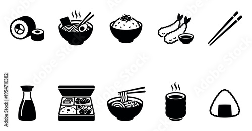 A collection of black and white minimalist icons representing various popular Japanese foods and drinks, perfect for culinary and travel themes.