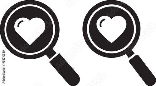Magnifying glass with heart icon, minimalist black and white vector graphic for search, discovery, love, or finding something special, Flat Design