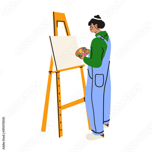 Young woman artist painting on a large canvas on wooden easel. Creative process in art studio. Flat vector illustration isolated on a white background
