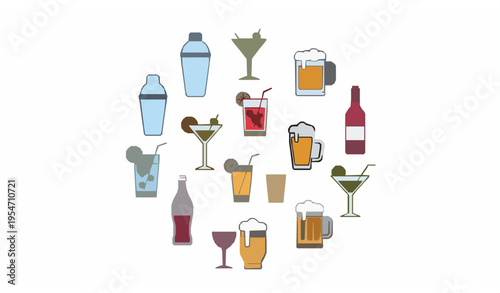 Outline drinks and bar icons collection with cocktail wine and beer symbols for menu and branding