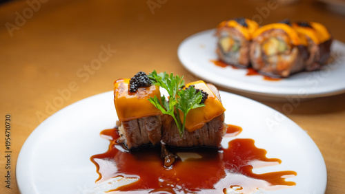 Φωτογραφία artistic culinary presentation of a high-end meat dish with melted cheddar cheese topping and premium caviar garnish on a white plate with savory brown gravy and herb decoration