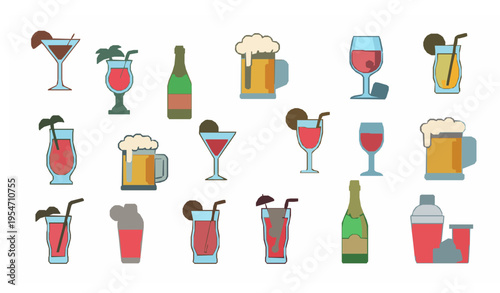 Colorful drinks and cocktail icons set with beer wine and bar elements for party and celebration design