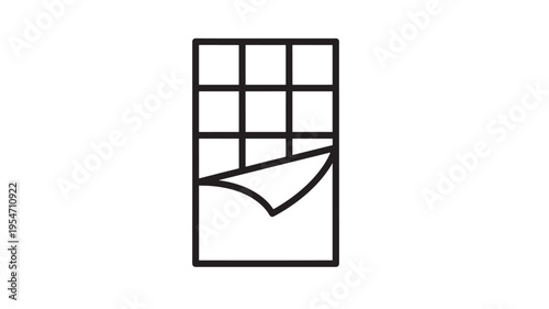 Chocolate bar icon with segments and peeling wrapper, simple black outline graphic on white. featuring food, sweet, dessert with candy and snack
