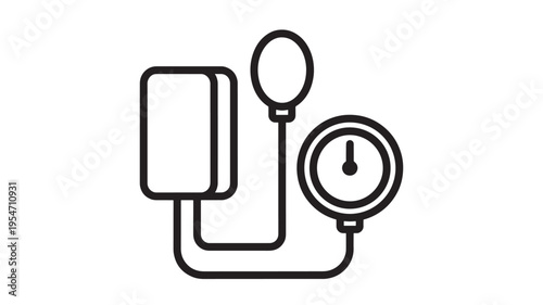 Blood pressure monitor icon with cuff, pump bulb, and gauge for medical measurement and healthcare monitoring.