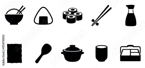This black and white icon set features various Japanese food items and utensils, perfect for menus, blogs, or culinary design.