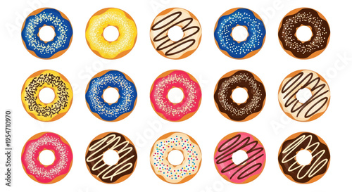 Colorful Assortment of Frosted Donuts with Sprinkles and Drizzles - Top View