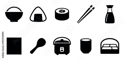 A collection of black silhouette icons representing various Japanese and Asian food items and utensils, suitable for menus, websites, or graphic design.