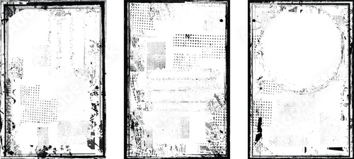 Framed grungy isolated layers . Design element for brochure, social media, posters, flyers. Overlay texture.Textured banner with Distress effect .Vector halftone dots . Screen print texture