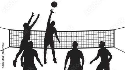 Volleyball players in silhouette during a game, with one player jumping to spike the ball over the net.