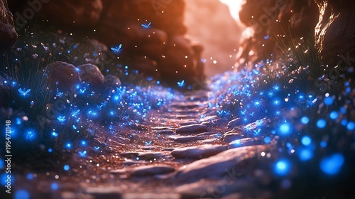 Enchanted pathway illuminated by luminous fauna amidst natural beauty, fantasy scene