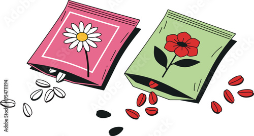 Pink and green flower seed packets with daisy and red blossom designs, vector gardening illustration for planting and eco-friendly themes