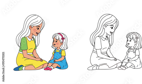 Mother and Daughter Talking Together Vector Illustration and Coloring Book Page for Kids, Woman and Little Girl Sitting on Floor Having a Conversation for Educational Activities and Books