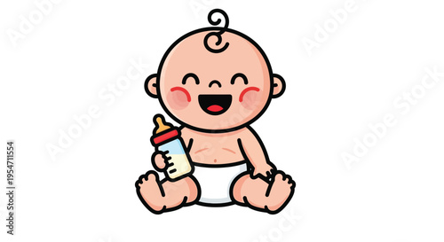 Cute smiling baby character sitting happily while holding a small feeding bottle in this vector graphic design