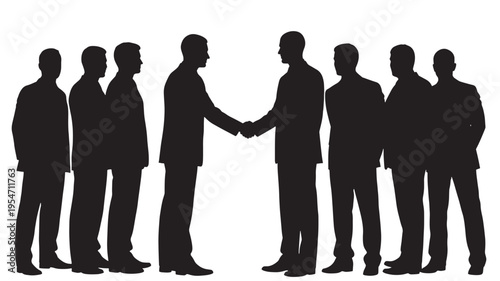Businessmen in suits shaking hands with a group of colleagues standing behind them on a white background, conveying agreement and teamwork.