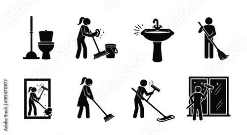 Simple black silhouette vector illustration of stick figures engaged in various household cleaning activities and tools