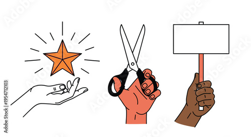 Vector illustration of diverse hands holding a shining star, open scissors, and a blank protest sign.