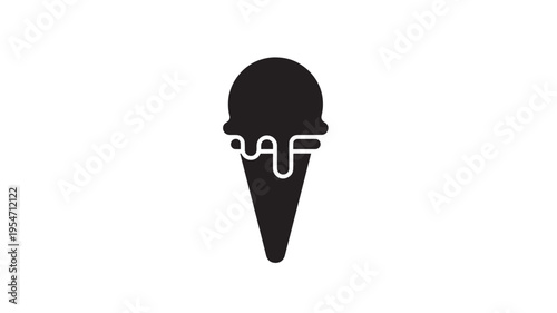 Ice cream cone icon with melting scoop and drips, simplified flat silhouette design, perfect for food branding.