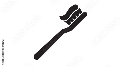 Toothbrush with toothpaste icon, a simple black silhouette representing oral hygiene and dental care for a clean and healthy smile.