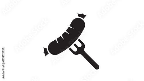 Photos Sausage impaled on a fork icon with simple black graphic design and white backgr