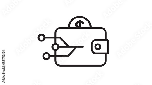 Digital wallet icon with circuit lines and a dollar coin, symbolizing cryptocurrency and online finance transactions.