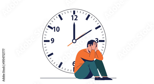 Vector illustration of a stressed person overwhelmed by time pressure, experiencing burnout and mental exhaustion.