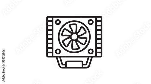 Computer cooler fan with heatsink and mounting bracket, conceptual outline icon for cooling technology.