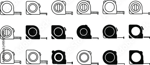 Collection of sixteen tape measure vector icons in 4x4 grid, black and white styles for design, branding, and UI applications