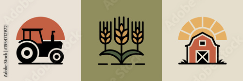Rustic farming icons with wheat and sunrise – Perfect for agricultural infographics, country lifestyle blogs, or local produce labels.