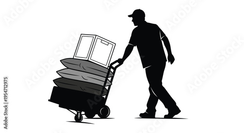 Silhouette vector graphic illustrating a delivery worker pushing a hand truck loaded with packages and cushions