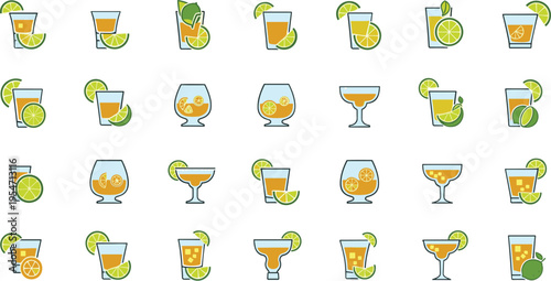 Collection of various cocktail glasses with lime wedges and slices