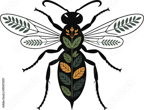Stylized Wasp Insect with Leaf Pattern Design on white Background
