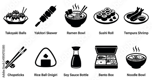 Collection of black and white icons representing popular Japanese dishes like ramen, sushi, tempura, and bento box, with chopsticks and soy sauce.