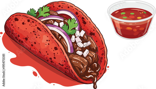 Taco with meat onions cilantro and salsa dip illustration