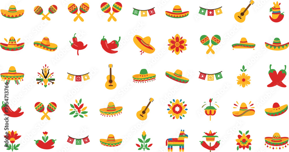 Obraz premium Vibrant Mexican Fiesta Elements Icons Collection Sombreros Maracas