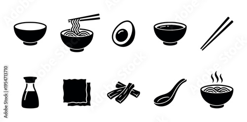 Simple black and white icons depicting various elements of ramen cuisine, including bowls, noodles, egg, chopsticks, and seasonings, perfect for menus and food blogs.