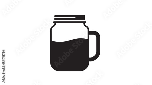 Jar mug with liquid and lid icon, simple black silhouette representing a drinking vessel with a handle and contents.