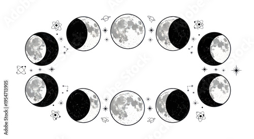 Celestial Moon Phases Cycle with Stars and Atoms Graphic