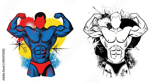 Bodybuilder Posing with Flexed Muscles, Graphic Illustration