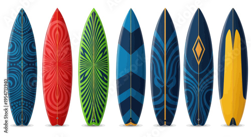 Colorful Surfboards Collection with Unique Patterns on White Background
