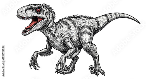 Dinosaur illustration, velociraptor hunting, prehistoric predator, sharp claws, open mouth
