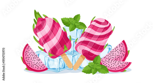 Dragon Fruit Popsicles with Ice Cubes and Mint Leaves, Refreshing Summer Treat