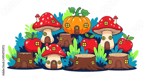 Enchanted Forest Miniature Village: Mushroom Houses, Pumpkin Home, Apples, and Tree Stumps