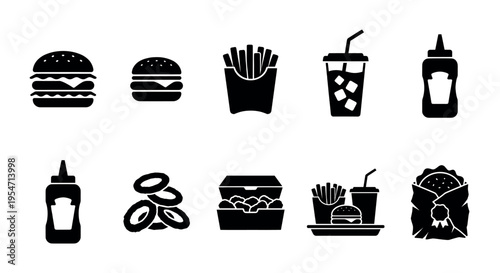 A collection of black silhouette icons representing various fast food items, including burgers, fries, drinks, onion rings, and fried chicken.