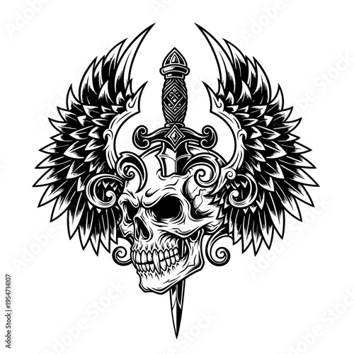 Winged Skull with Dagger Tattoo Design