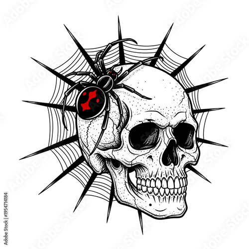 Black widow spider on human skull, tattoo style illustration